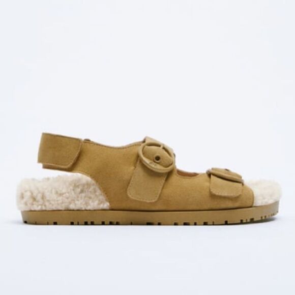 Zara Brown Leather Buckled Flat Sandals Shoes size 10 - Picture 5 of 12